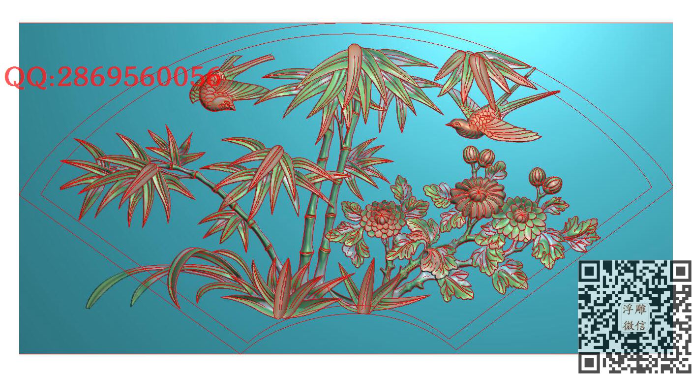 大板分离 2 扇形 竹子燕子 精雕图117tk_四季花鸟门板花鸟屏风精雕图浮雕图